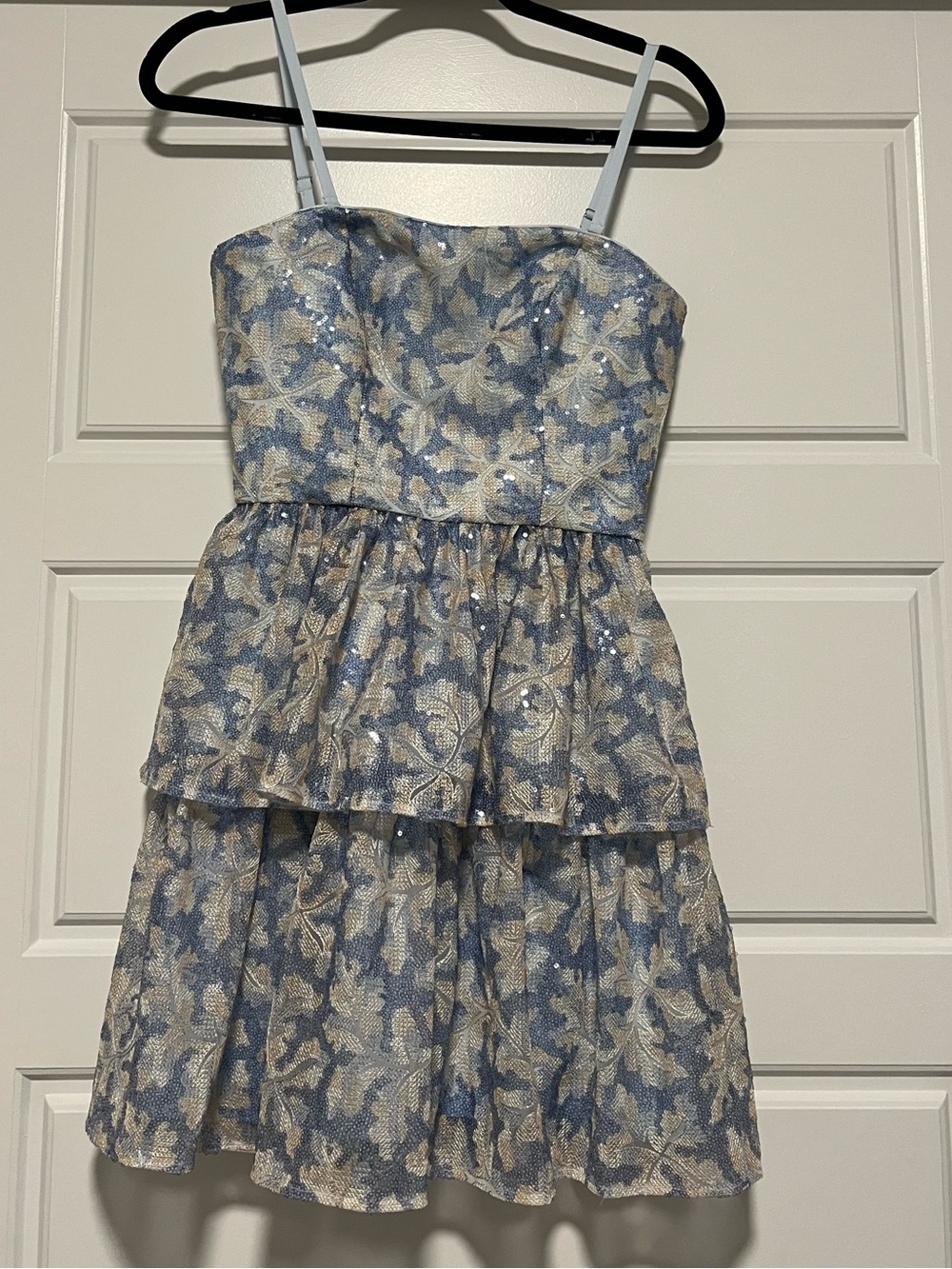 Dress the Population Light Blue & Cream Floral Sequin Tiered Mini Dress